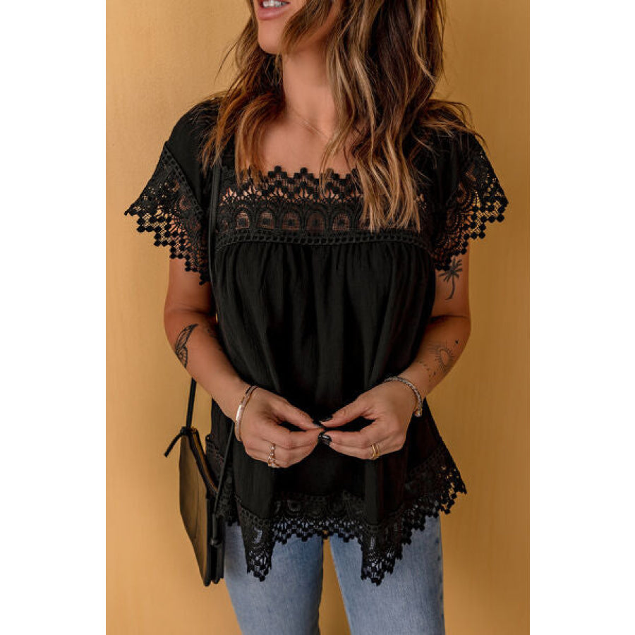 Lace Detail Square Neck Short Sleeve Blouse Black / S Apparel and Accessories