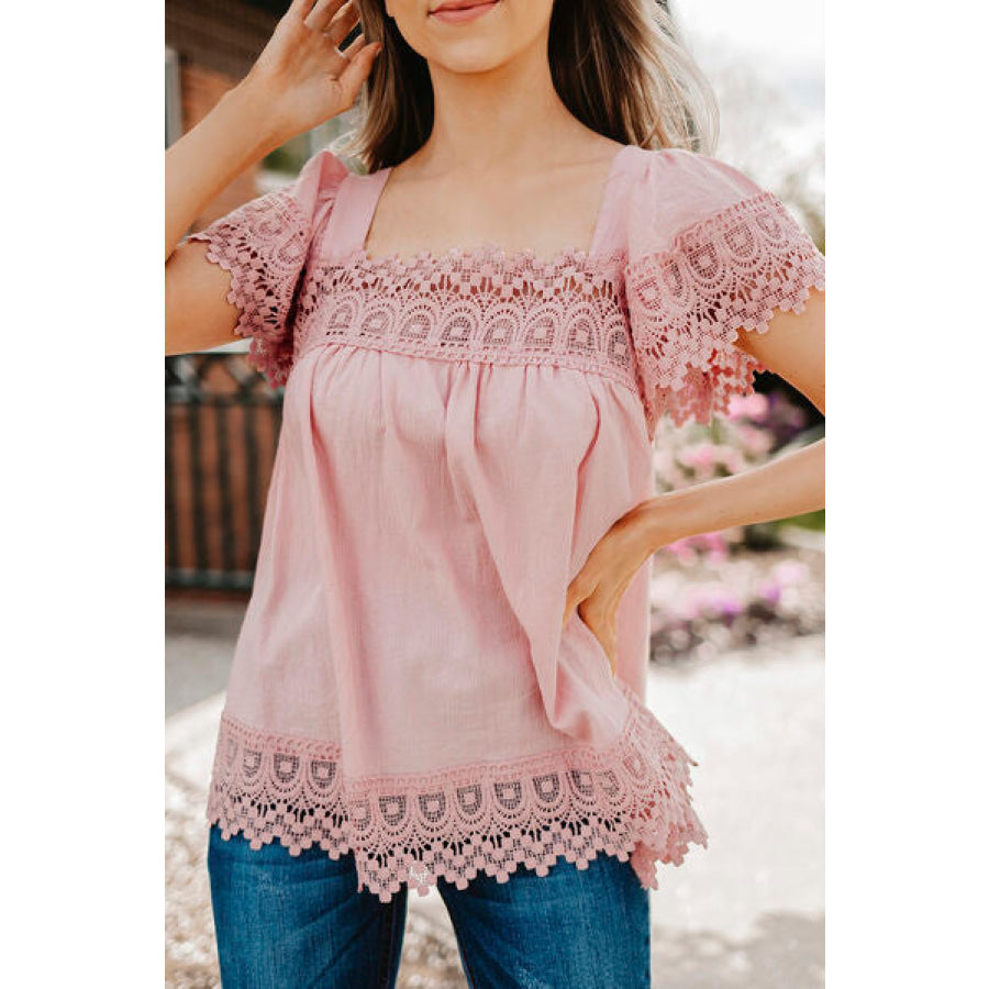 Lace Detail Square Neck Short Sleeve Blouse Light Mauve / S Apparel and Accessories