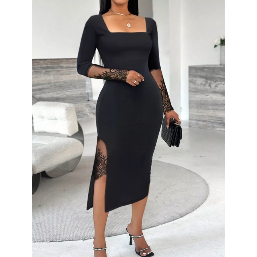 Lace Detail Square Neck Slit Midi Dress Apparel and Accessories