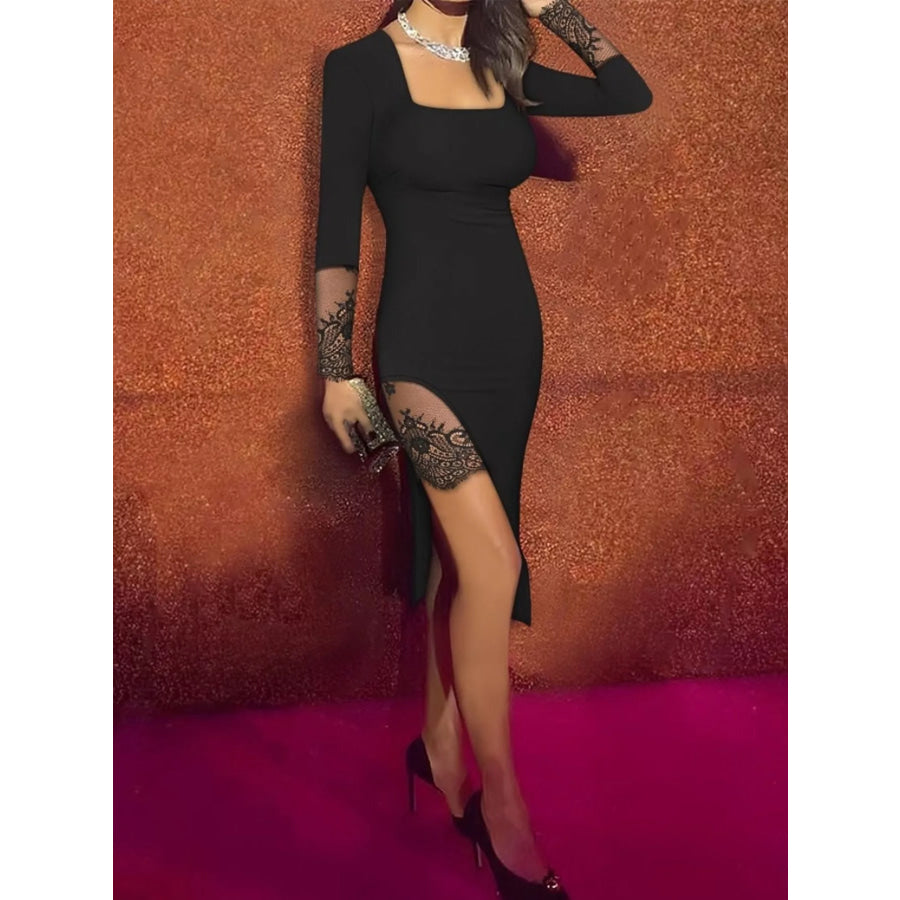Lace Detail Square Neck Slit Midi Dress Apparel and Accessories
