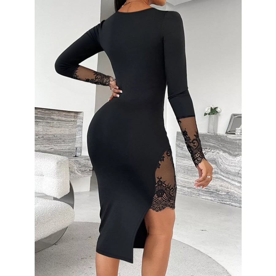 Lace Detail Square Neck Slit Midi Dress Black / S Apparel and Accessories