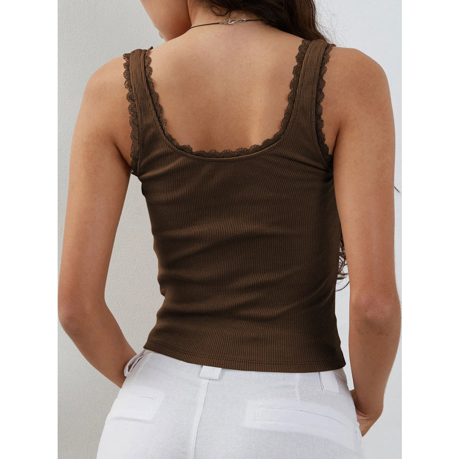 Lace Detail Square Neck Tank Chocolate / XS Apparel and Accessories