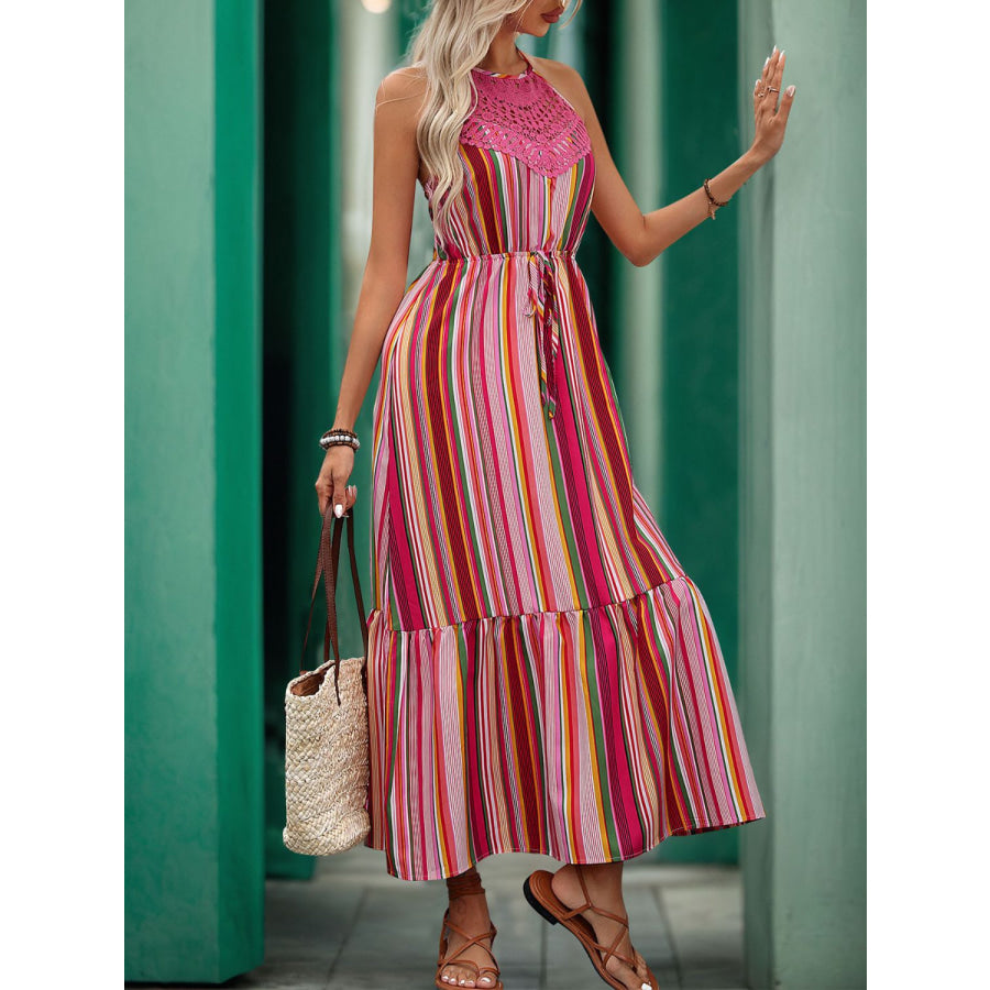 Lace Detail Striped Halter Neck Midi Dress Apparel and Accessories