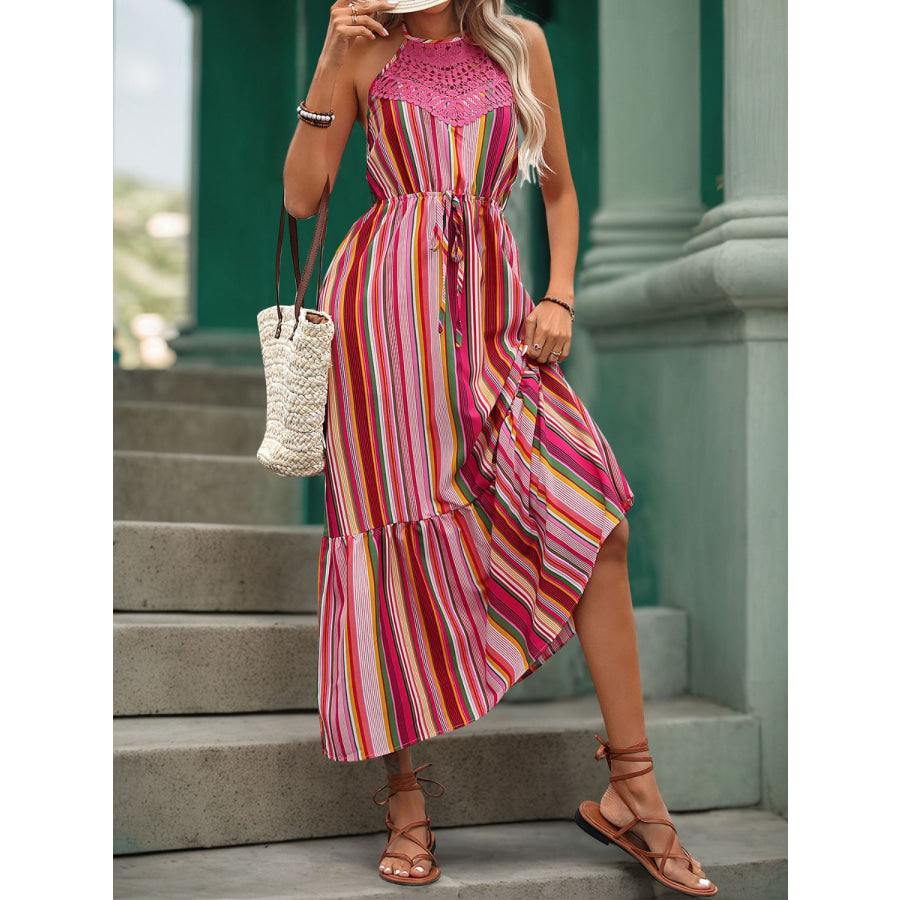 Lace Detail Striped Halter Neck Midi Dress Apparel and Accessories