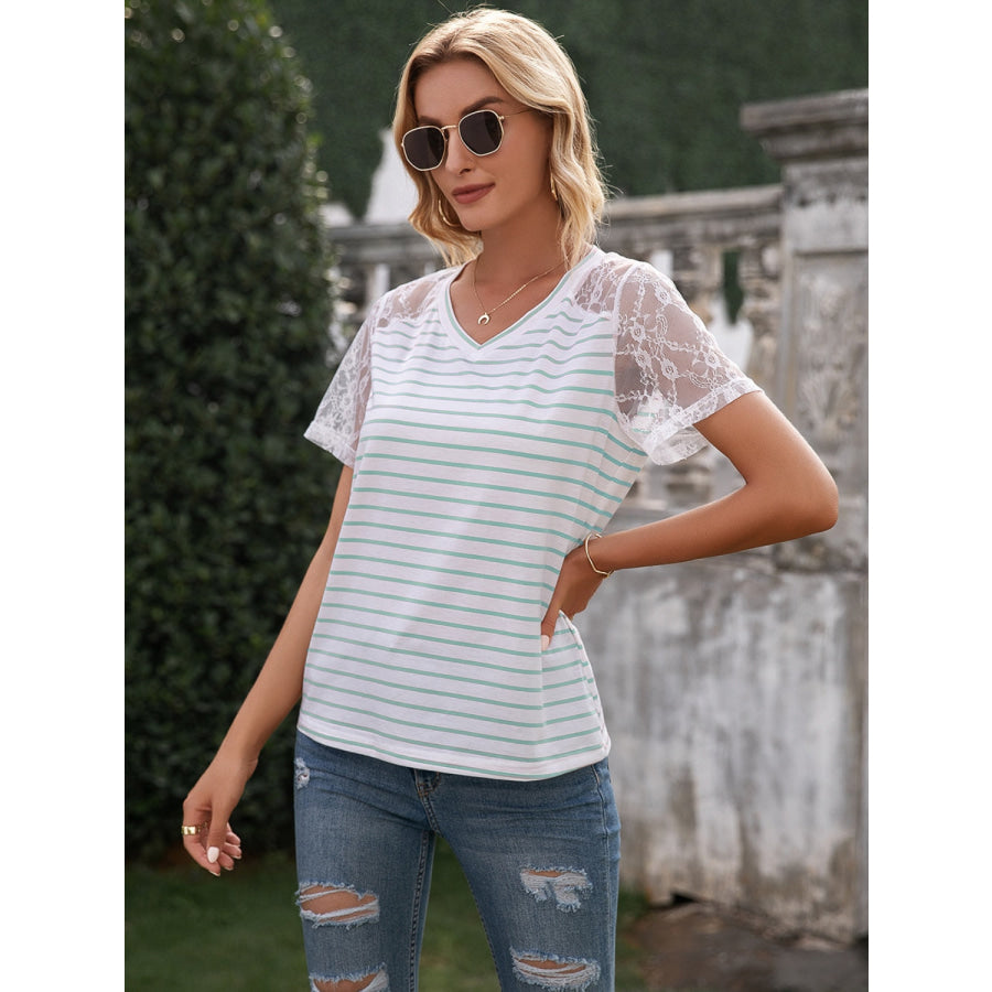 Lace Detail Striped V-Neck T-Shirt Mint Blue / S Apparel and Accessories