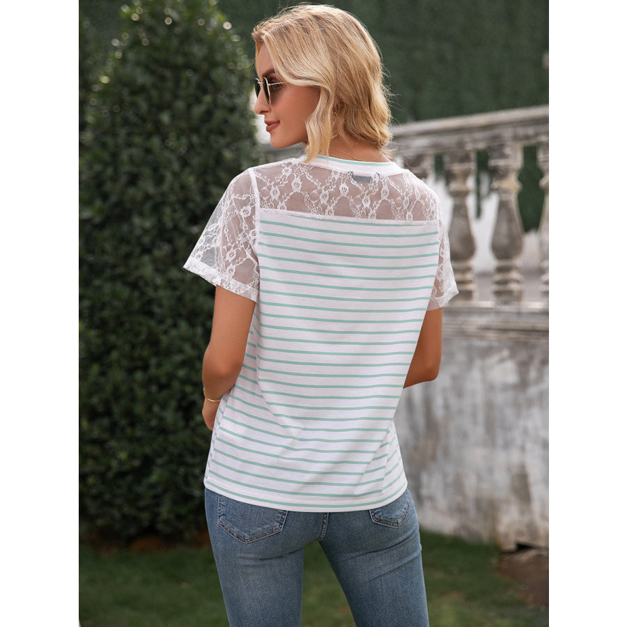 Lace Detail Striped V-Neck T-Shirt Apparel and Accessories