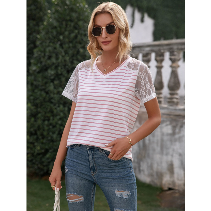 Lace Detail Striped V-Neck T-Shirt Blush Pink / S Apparel and Accessories