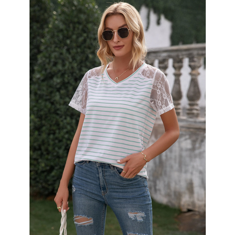 Lace Detail Striped V-Neck T-Shirt Mint Blue / S Apparel and Accessories