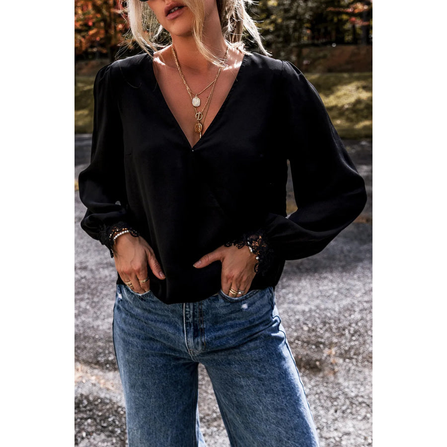 Lace Detail Surplice Long Sleeve Blouse Apparel and Accessories