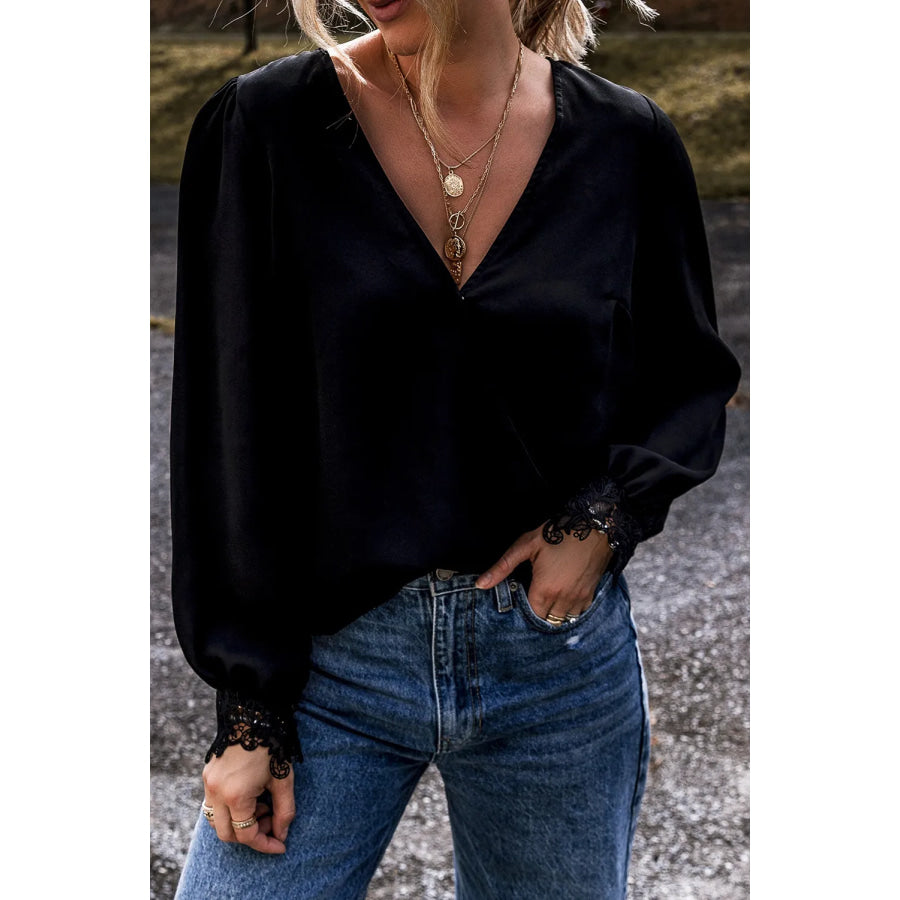 Lace Detail Surplice Long Sleeve Blouse Black / S Apparel and Accessories