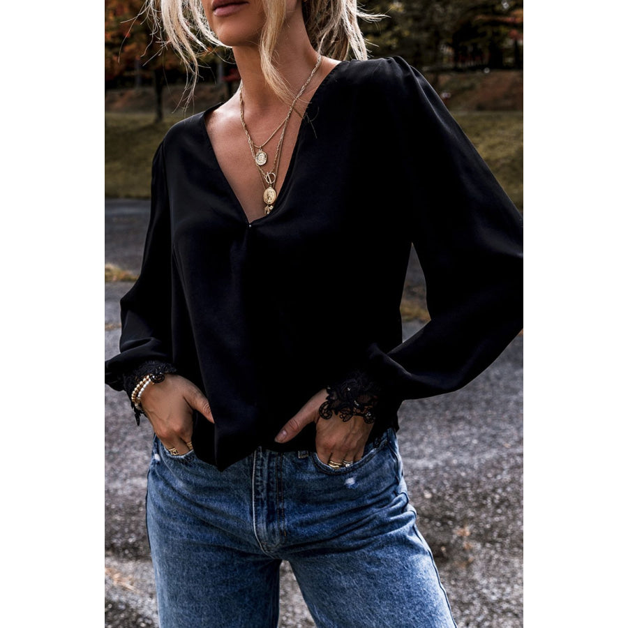 Lace Detail Surplice Long Sleeve Blouse Black / S Apparel and Accessories