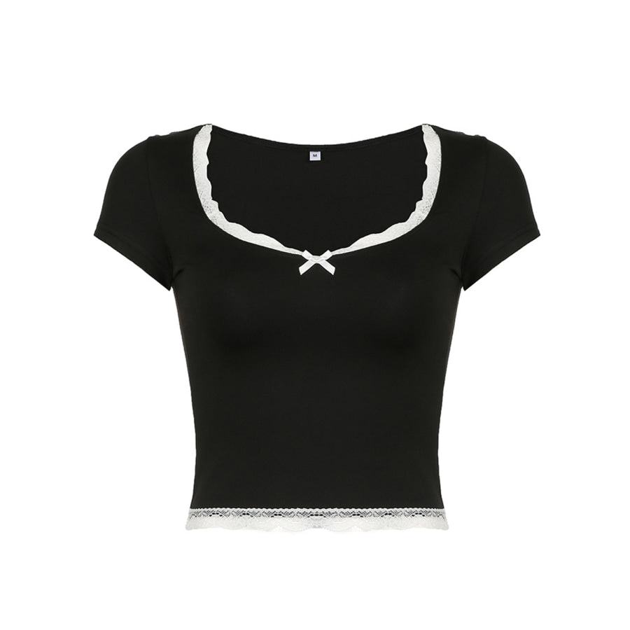 Lace Detail Sweetheart Neck Short Sleeve T-Shirt Apparel and Accessories