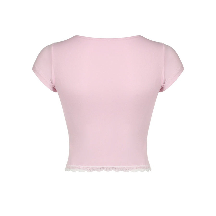 Lace Detail Sweetheart Neck Short Sleeve T-Shirt Apparel and Accessories