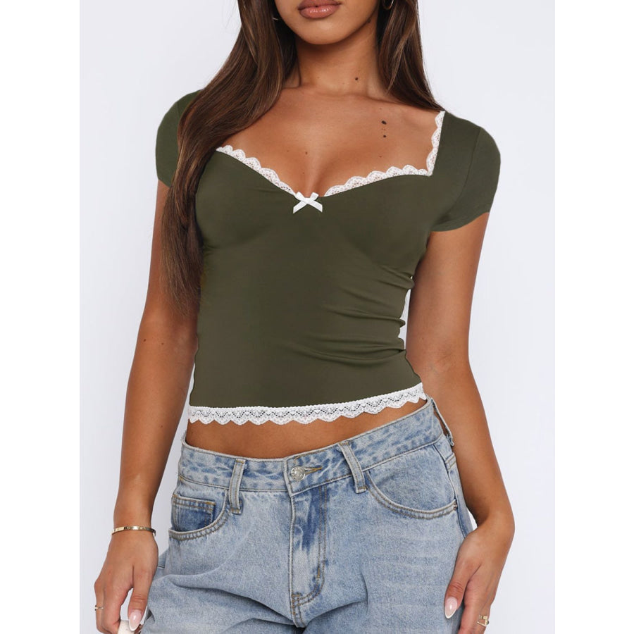 Lace Detail Sweetheart Neck Short Sleeve T-Shirt Army Green / S Apparel and Accessories