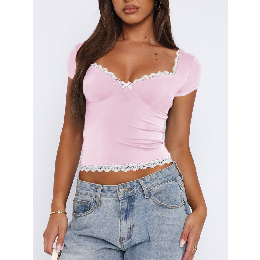 Lace Detail Sweetheart Neck Short Sleeve T-Shirt Blush Pink / S Apparel and Accessories