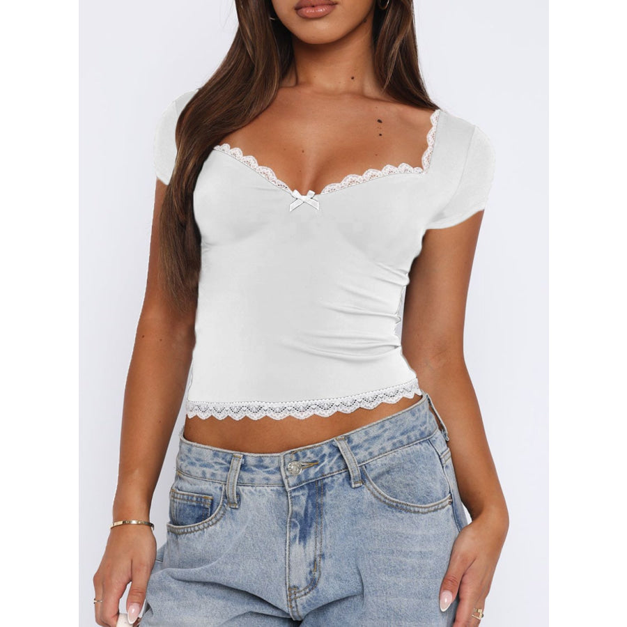 Lace Detail Sweetheart Neck Short Sleeve T-Shirt White / S Apparel and Accessories