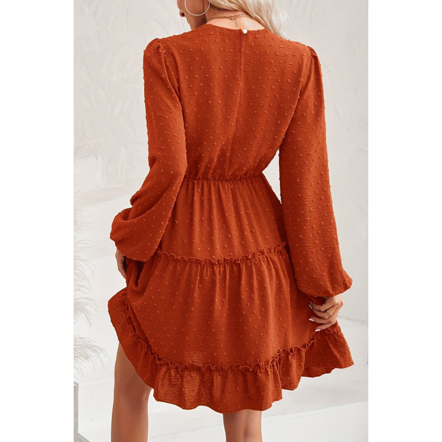 Lace Detail Swiss Dot Round Neck Mini Dress Terracotta / S Apparel and Accessories