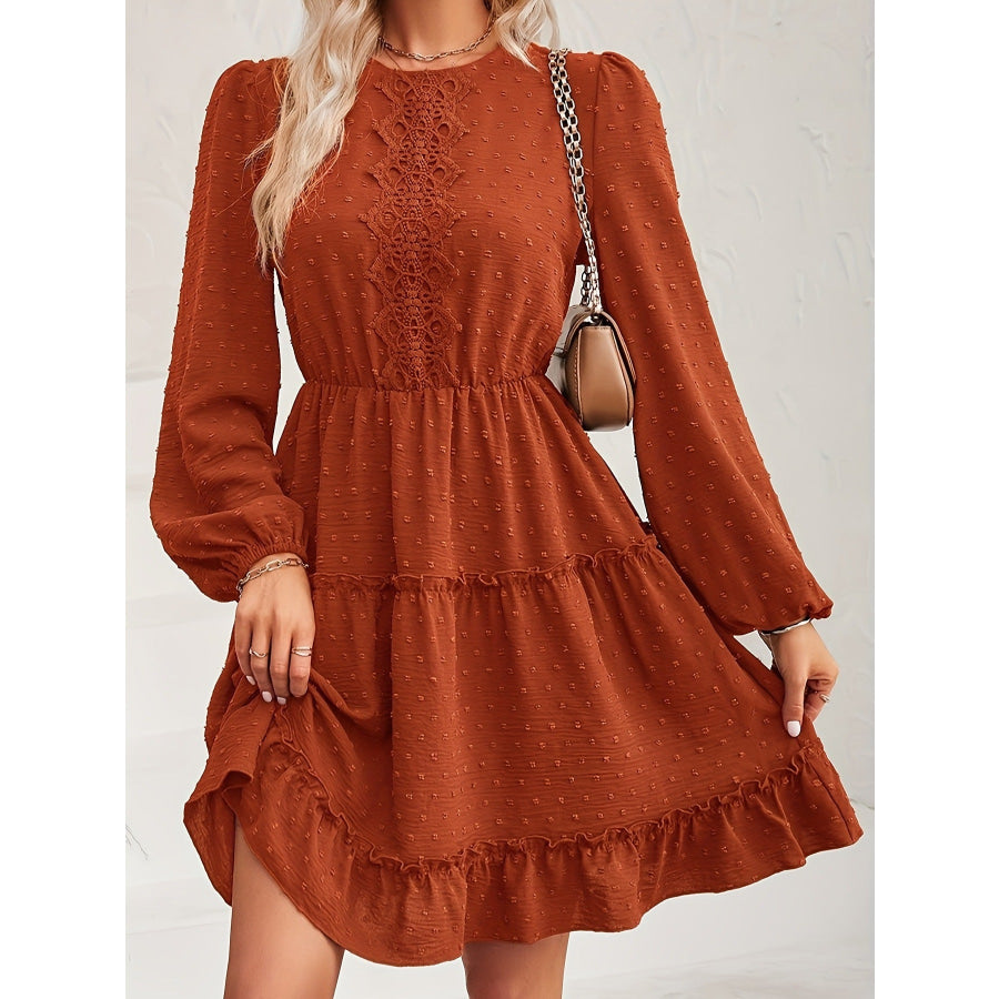 Lace Detail Swiss Dot Round Neck Mini Dress Terracotta / S Apparel and Accessories