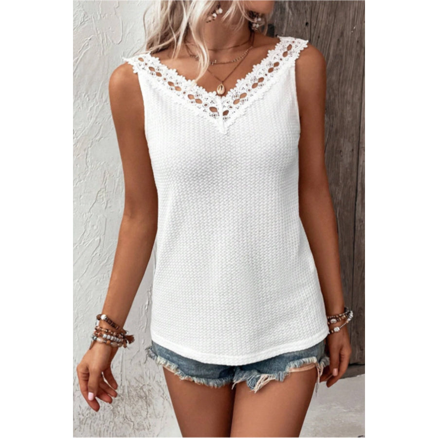 Lace Detail Textured V-Neck Tank Apparel and Accessories