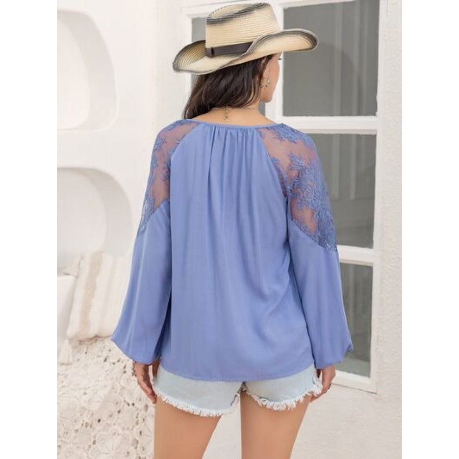 Lace Detail Tie Neck Balloon Sleeve Blouse Dusty Blue / S Clothing