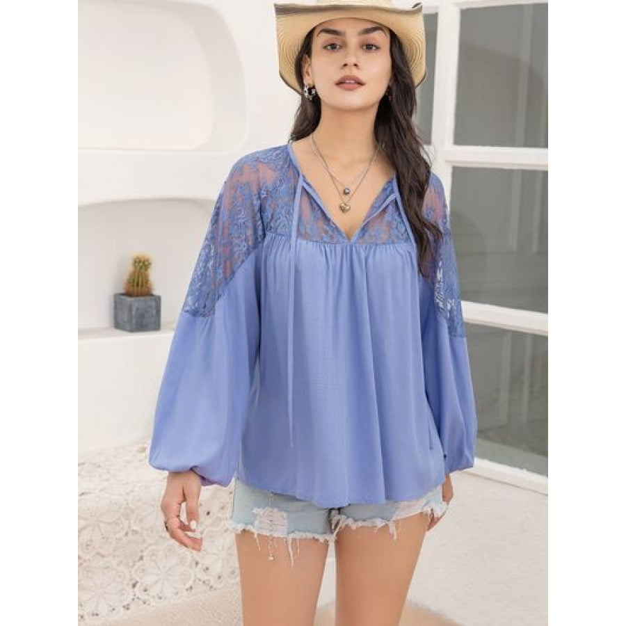 Lace Detail Tie Neck Balloon Sleeve Blouse Clothing