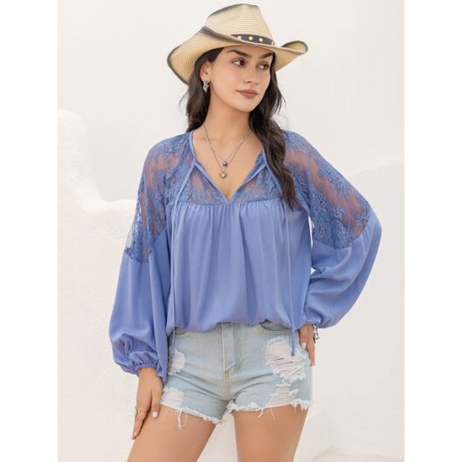 Lace Detail Tie Neck Balloon Sleeve Blouse Dusty Blue / S Clothing