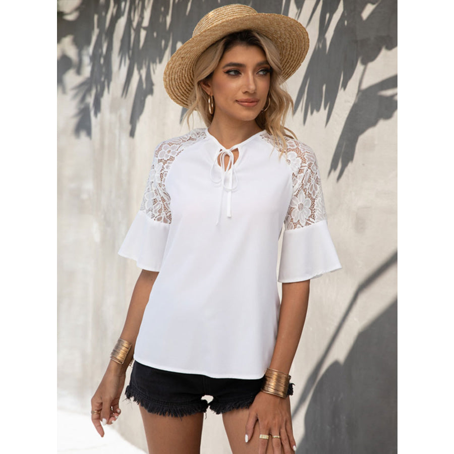 Lace Detail Tie Neck Half Sleeve Blouse Apparel and Accessories