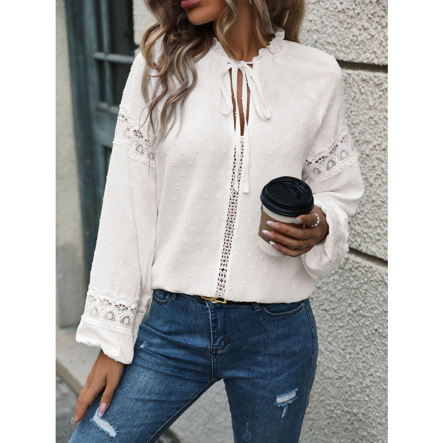 Lace Detail Tie Neck Long Sleeve Blouse Apparel and Accessories