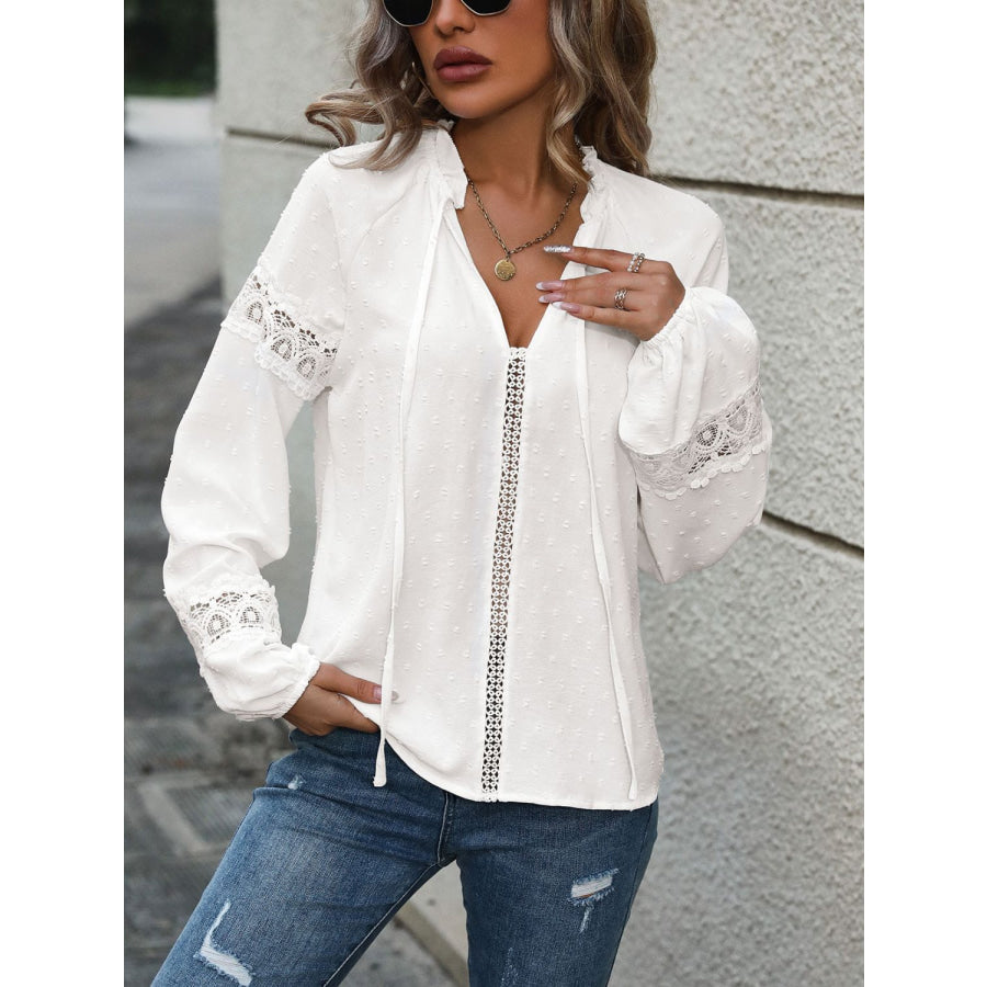 Lace Detail Tie Neck Long Sleeve Blouse Apparel and Accessories