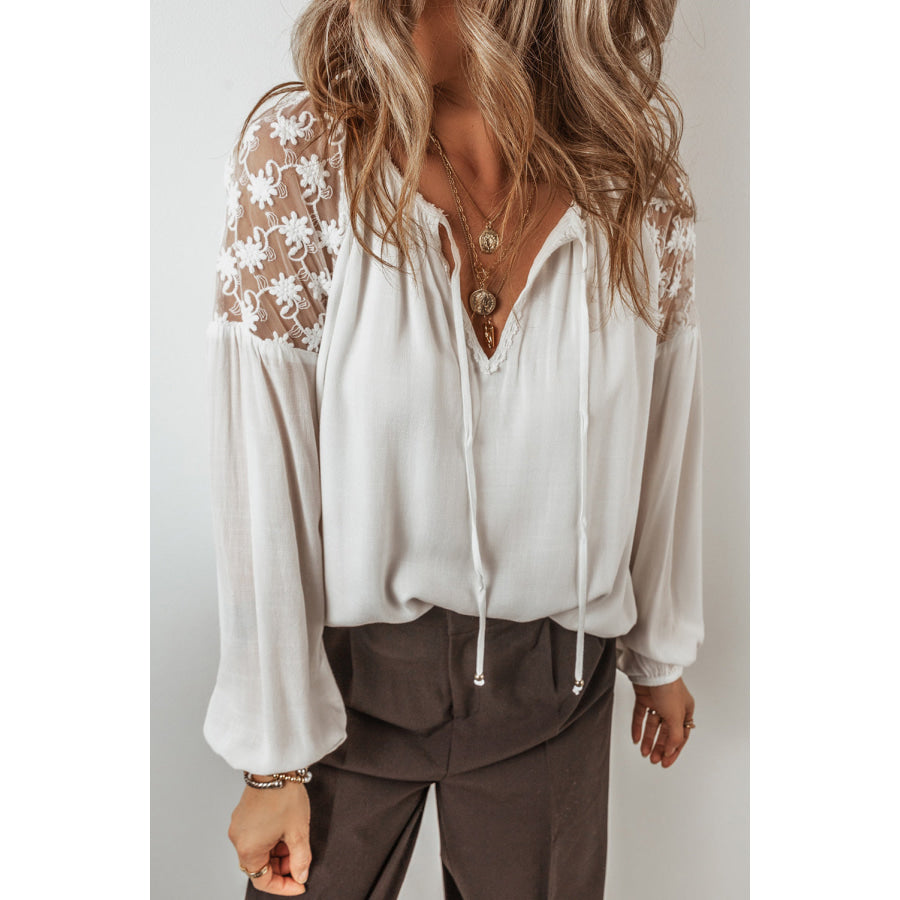 Lace Detail Tie Neck Long Sleeve Blouse White / S Apparel and Accessories