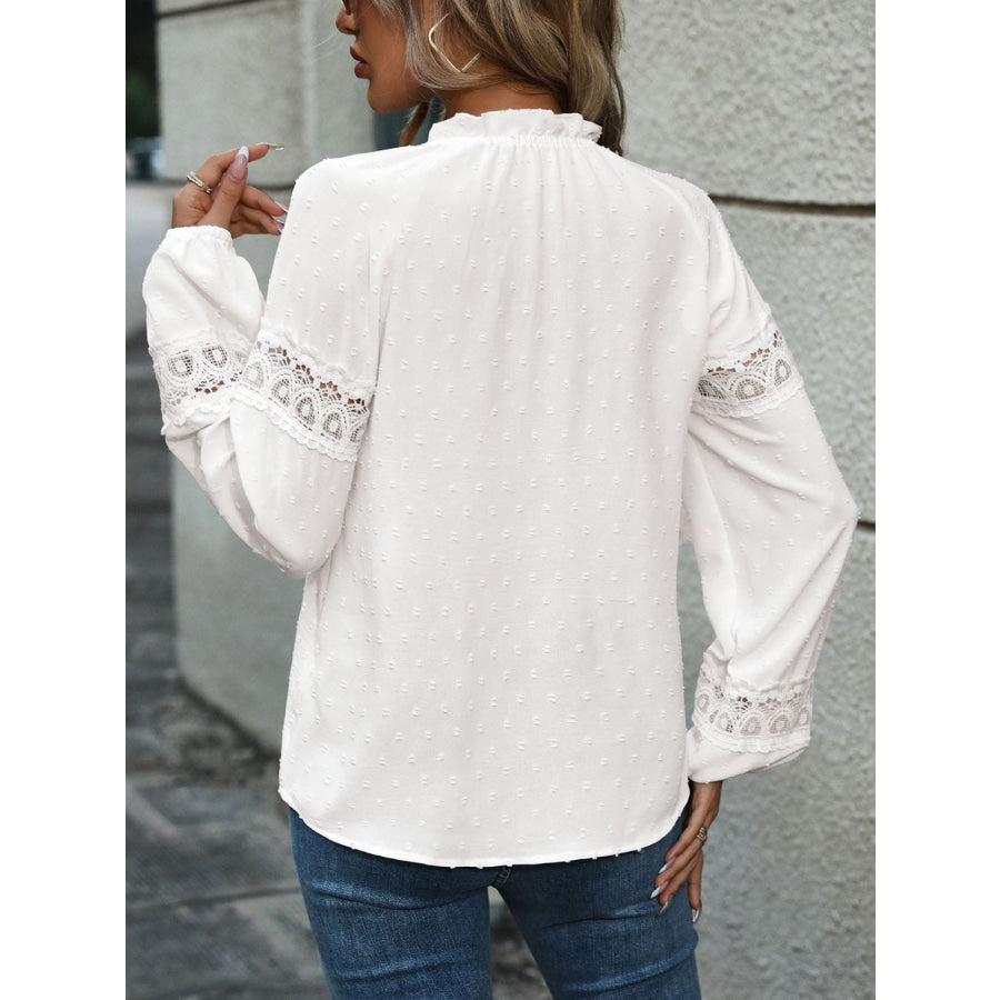 Lace Detail Tie Neck Long Sleeve Blouse White / S Apparel and Accessories