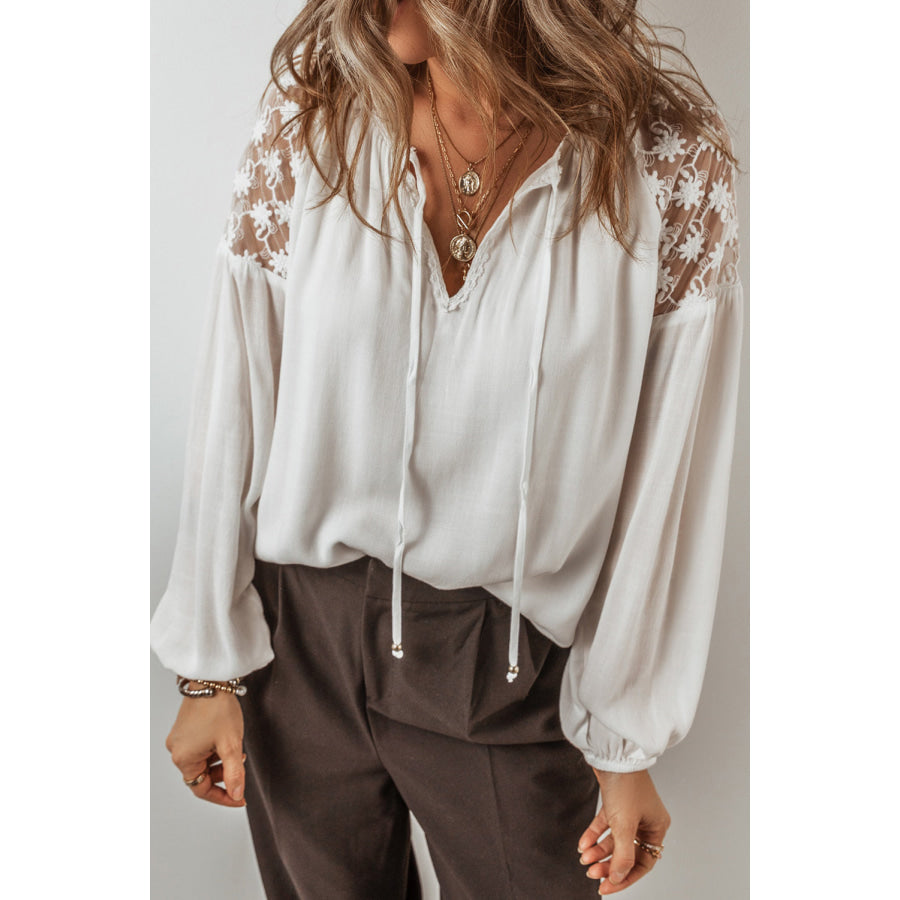 Lace Detail Tie Neck Long Sleeve Blouse Apparel and Accessories