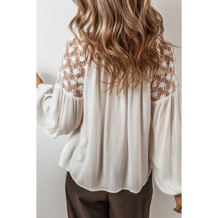 Lace Detail Tie Neck Long Sleeve Blouse Apparel and Accessories