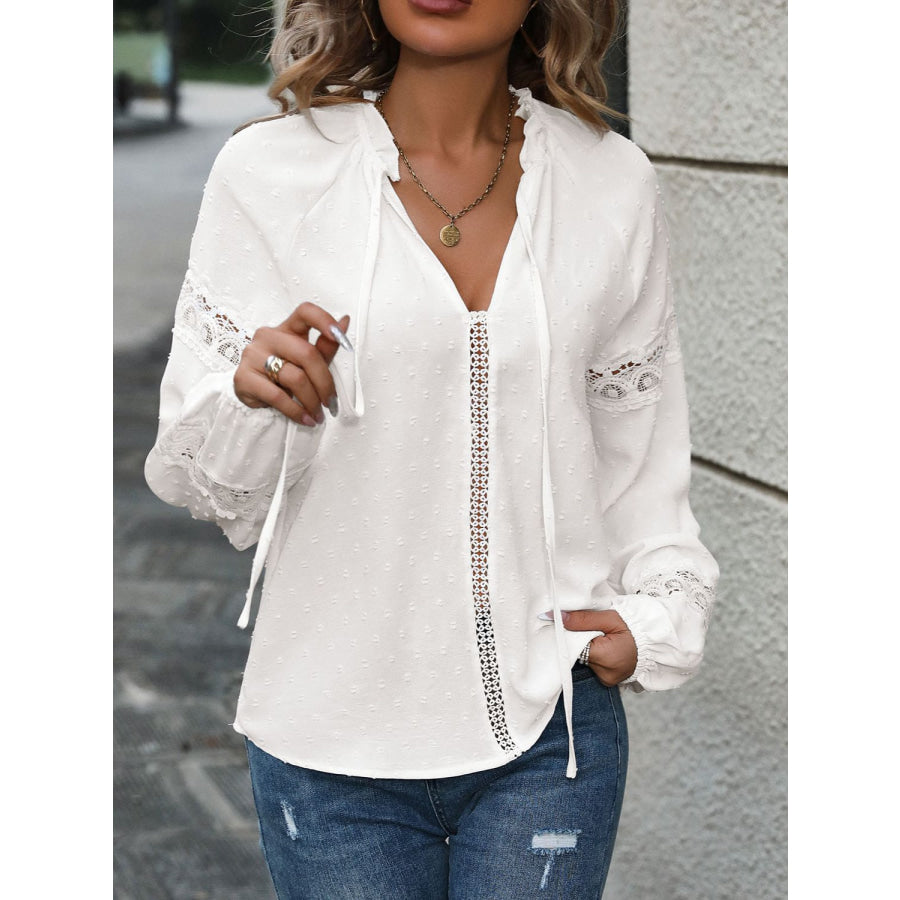 Lace Detail Tie Neck Long Sleeve Blouse Apparel and Accessories