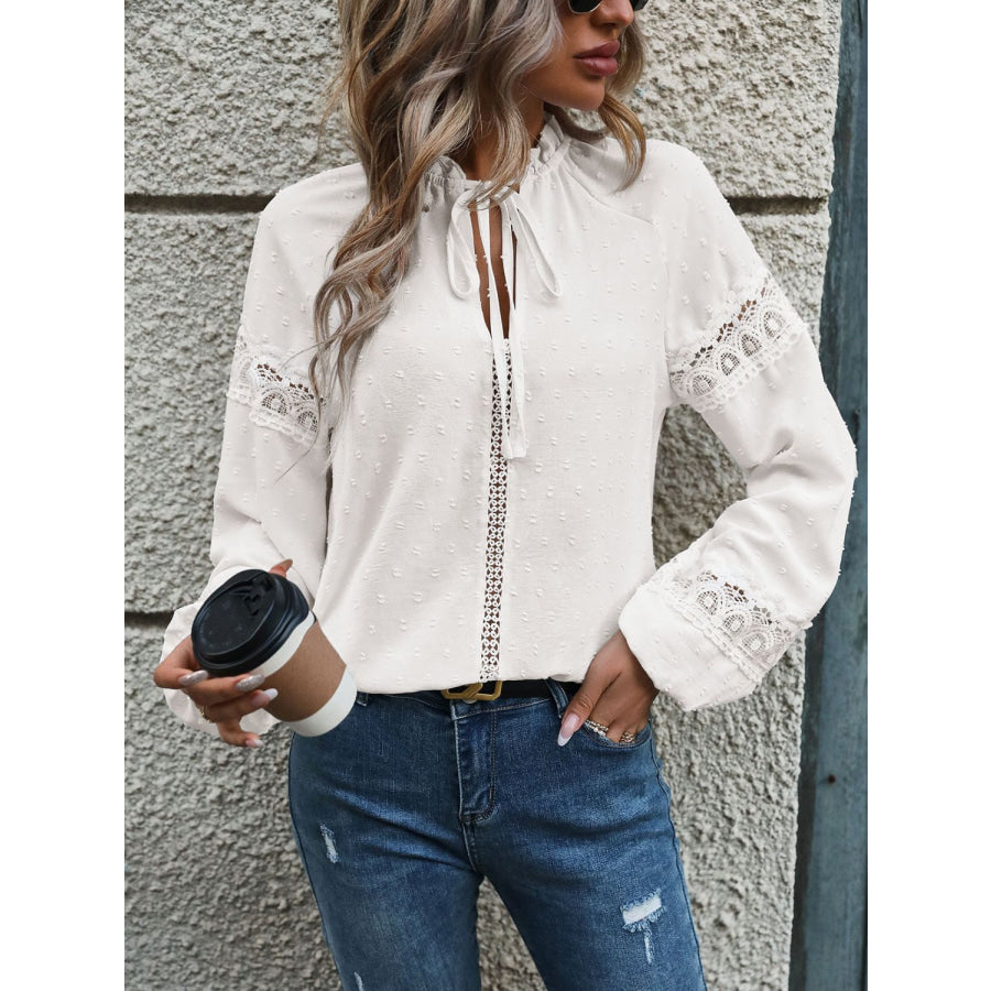 Lace Detail Tie Neck Long Sleeve Blouse White / S Apparel and Accessories