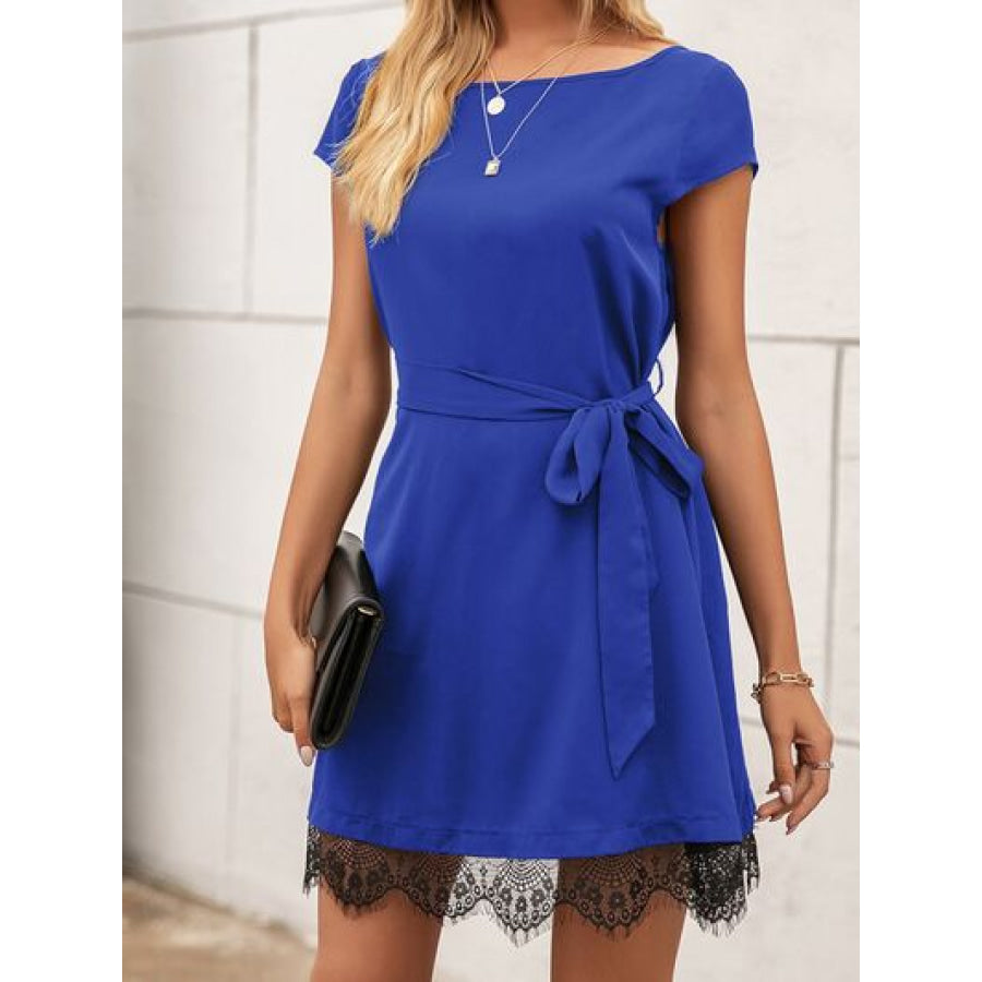 Lace Detail Tied Cap Sleeve Mini Dress Royal Blue / S Apparel and Accessories