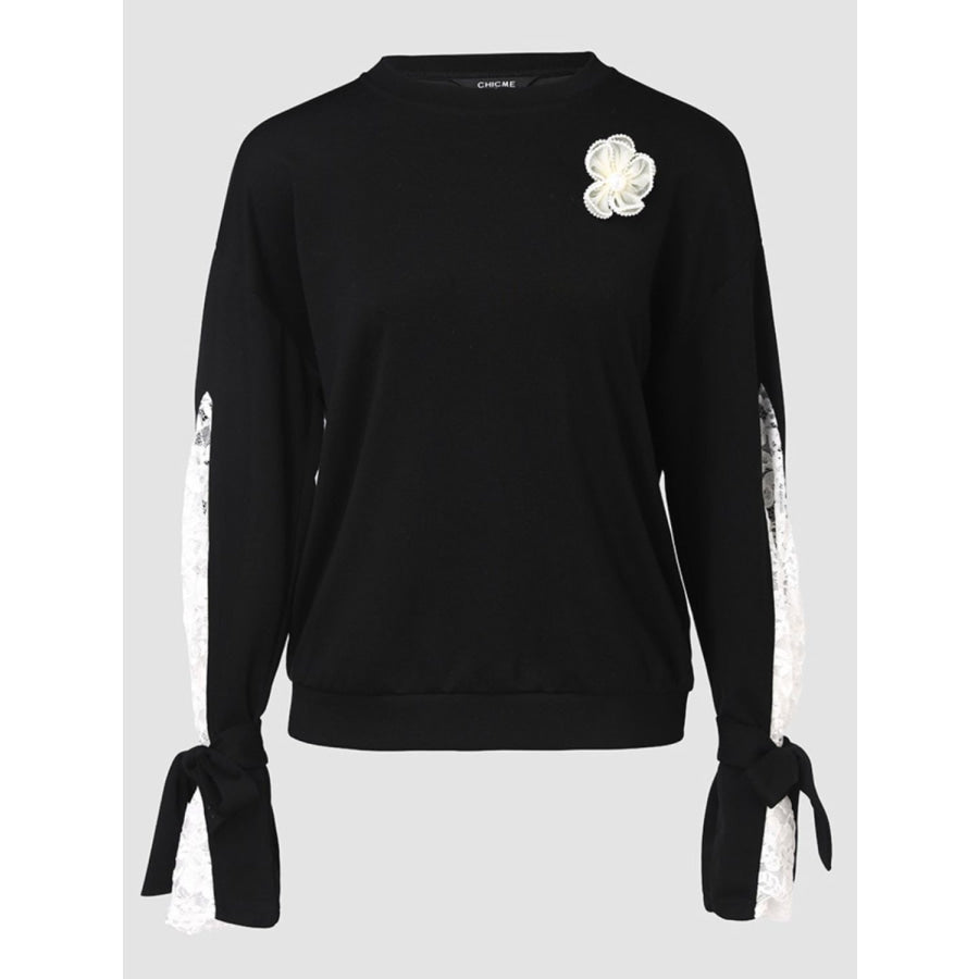 Lace Detail Tied Cuff Long Sleeve Sweatshirt Apparel and Accessories