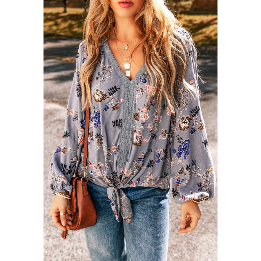 Lace Detail V-Neck Balloon Sleeve Blouse Dusty Blue / S Apparel and Accessories