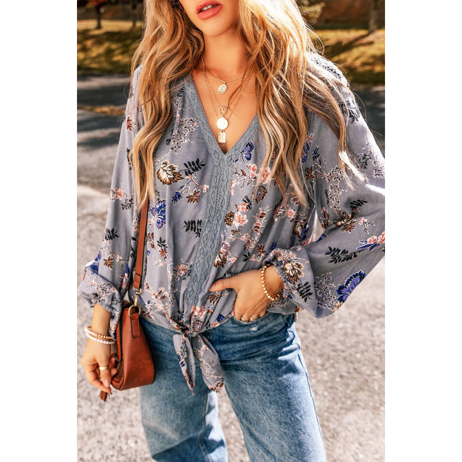 Lace Detail V-Neck Balloon Sleeve Blouse Dusty Blue / S Apparel and Accessories