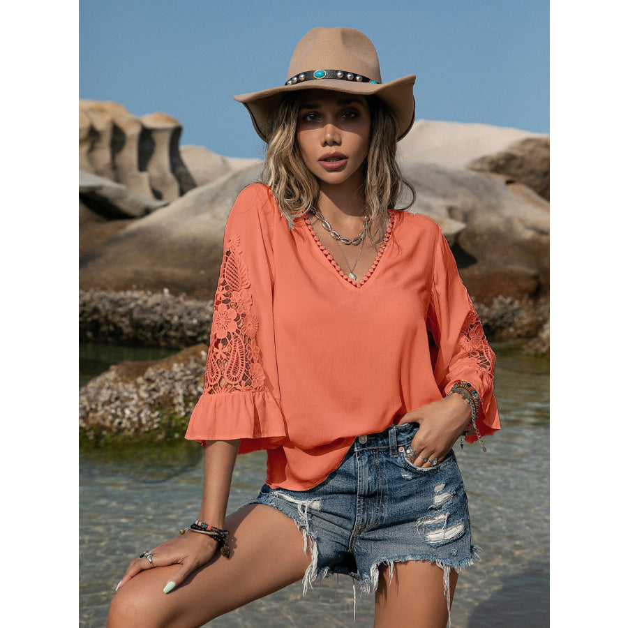 Lace Detail V - Neck Blouse Pumpkin / S Apparel and Accessories