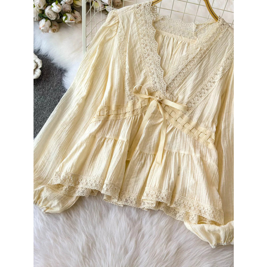Lace Detail V-Neck Blouse Tan / One Size Apparel and Accessories