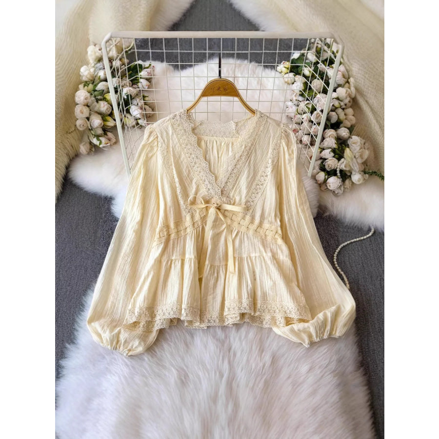 Lace Detail V-Neck Blouse Tan / One Size Apparel and Accessories