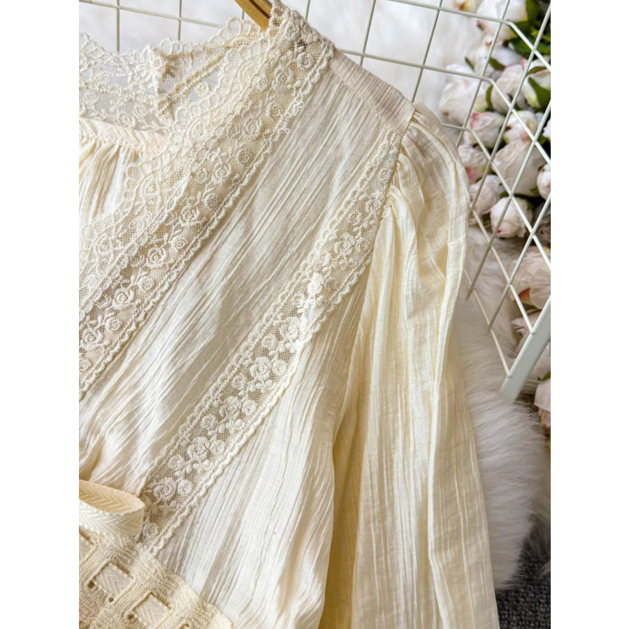 Lace Detail V-Neck Blouse Tan / One Size Apparel and Accessories