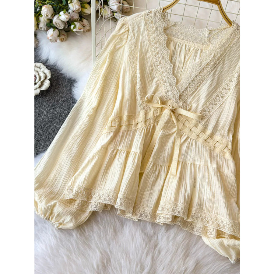 Lace Detail V-Neck Blouse Tan / One Size Apparel and Accessories
