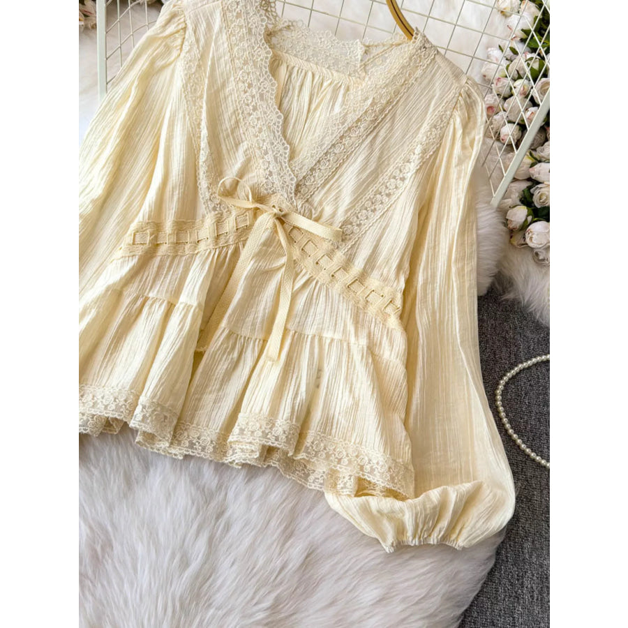 Lace Detail V-Neck Blouse Tan / One Size Apparel and Accessories