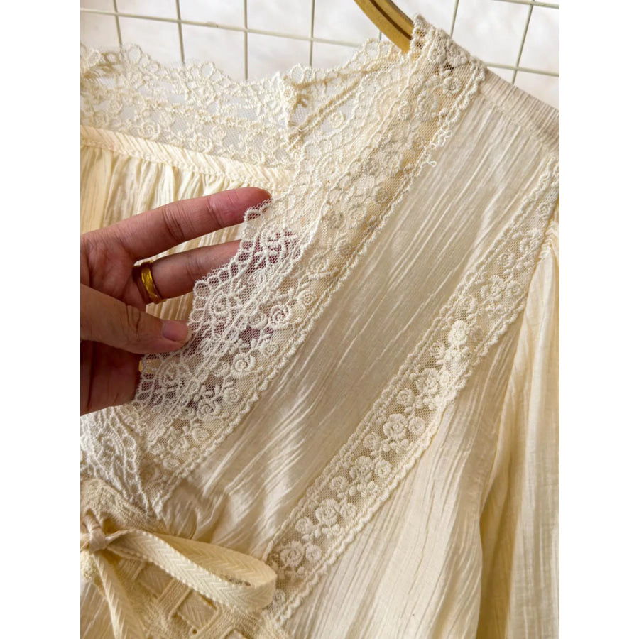 Lace Detail V-Neck Blouse Tan / One Size Apparel and Accessories
