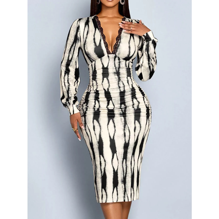 Lace Detail V-Neck Bodycon Midi Dress Apparel and Accessories