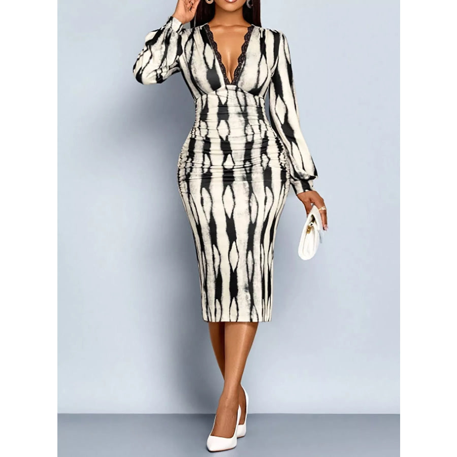 Lace Detail V-Neck Bodycon Midi Dress White Stripes / S Apparel and Accessories