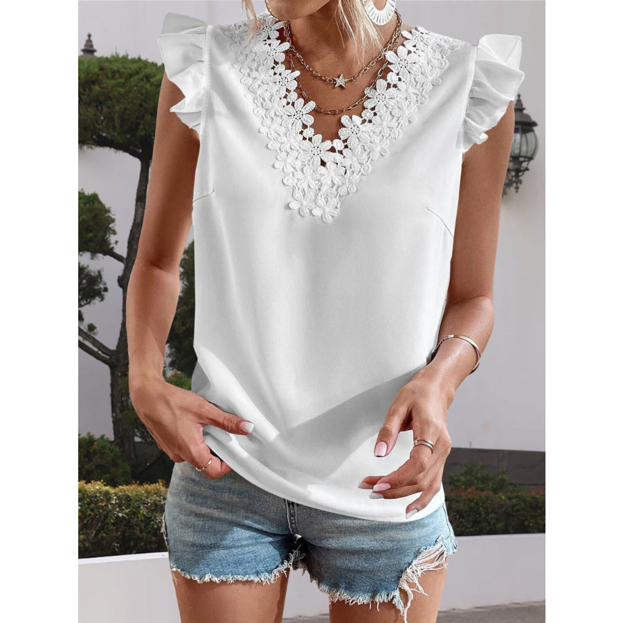 Lace Detail V - Neck Cap Sleeve Blouse Apparel and Accessories