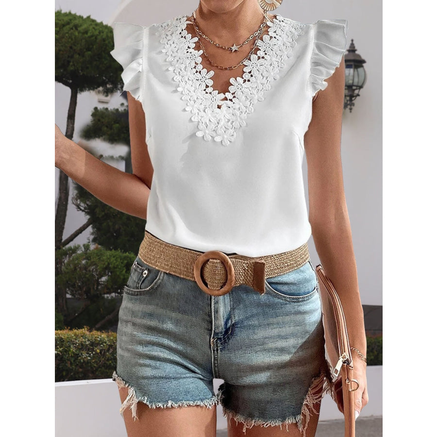 Lace Detail V - Neck Cap Sleeve Blouse Apparel and Accessories